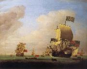 Monamy, Peter Flagship of Sir John Leake,coming to anchor in the bay of Barcelona painting